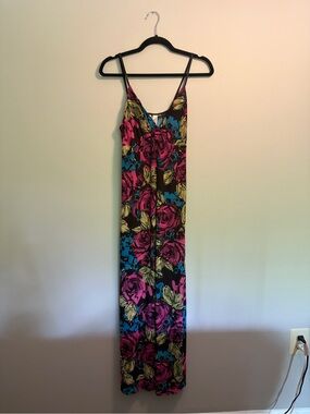 Floral Slip Maxi Dress in Black with Pink, Blue & Green Roses Y2K